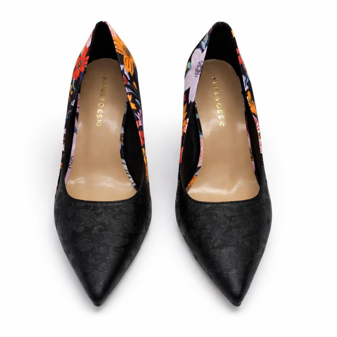 Black Floral Closed Toe Block Heel Pumps — Wedding Guest & Church, US 5-10
