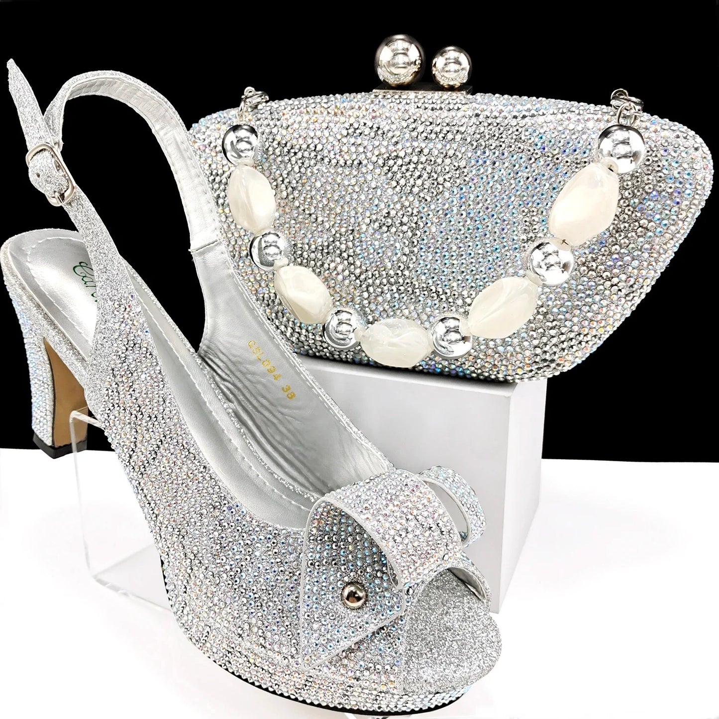 Gold Silver Black Peep-Toe Platform Heels & Clutch Bag Set — Wedding Guest, EU 38-43