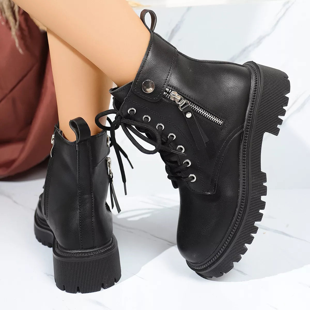 Black Round Toe Block Heel Ankle Boots — Comfortable Mid Heel, EU 35-42