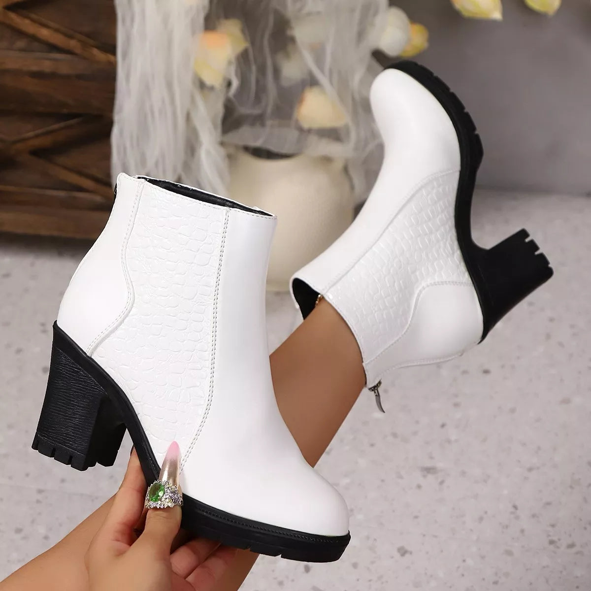 Pointed Toe Block Heel Ankle Boots — Black, White & Burgundy, EU 36-43