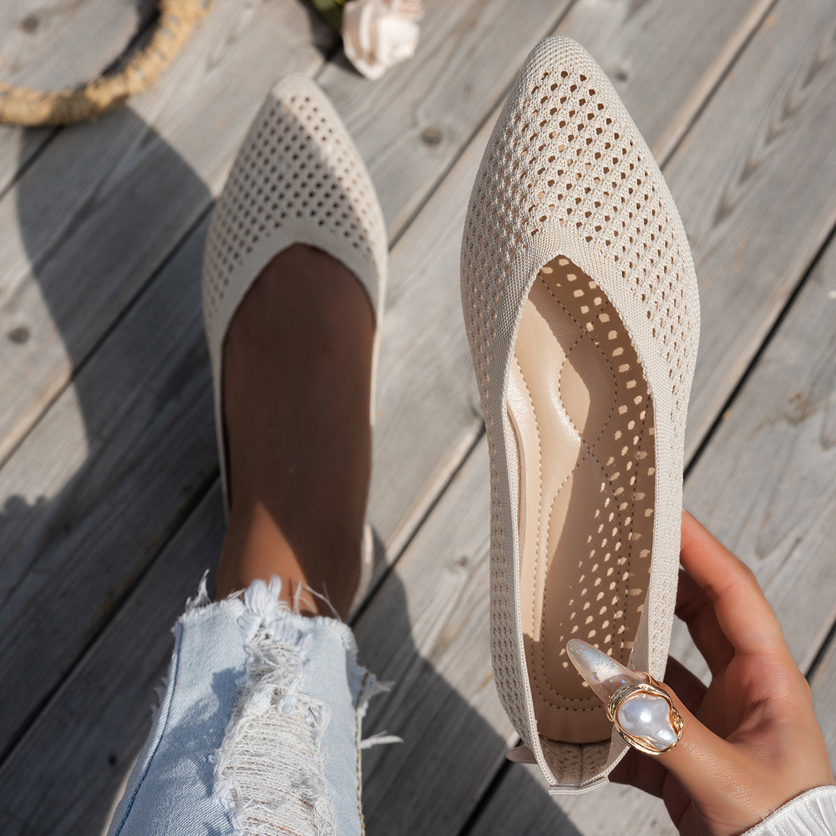 Pointed Toe Flyknit Slip-On Loafers — Breathable Flat Work Shoes, EU 36-43