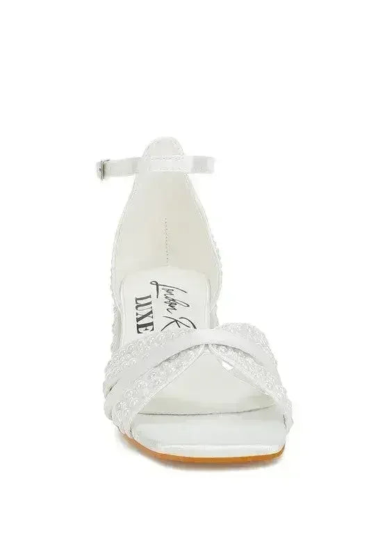 White Pearl Bridal Sandals — Low Block Heel, Bride & Bridesmaid, US 5-10