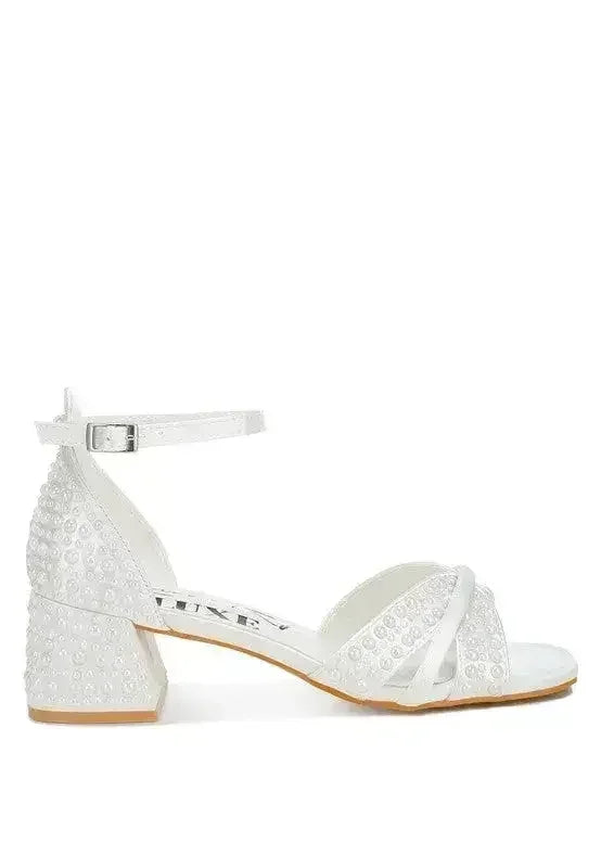 White Pearl Bridal Sandals — Low Block Heel, Bride & Bridesmaid, US 5-10