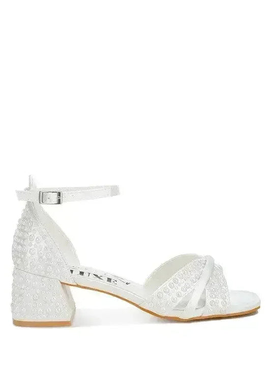 White Pearl Bridal Sandals — Low Block Heel, Bride & Bridesmaid, US 5-10