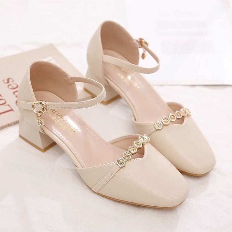 Beige Apricot Mid-Heel Slingback Pumps — Square Toe, Wedding Guest & Work, EU 34-40