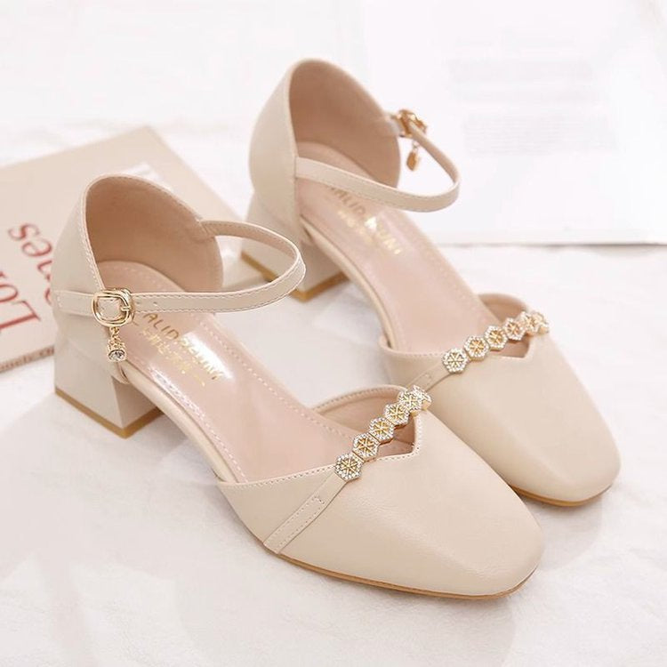 Beige Apricot Mid-Heel Slingback Pumps — Square Toe, Wedding Guest & Work, EU 34-40