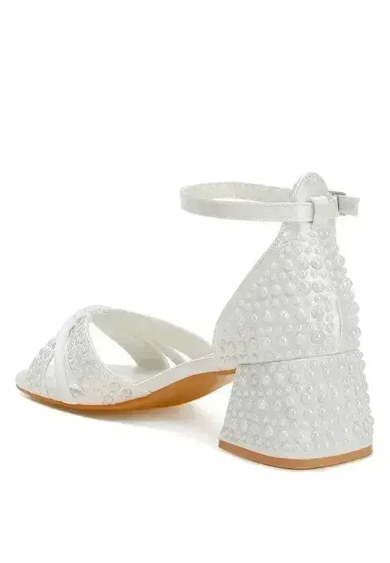 White Pearl Bridal Sandals — Low Block Heel, Bride & Bridesmaid, US 5-10