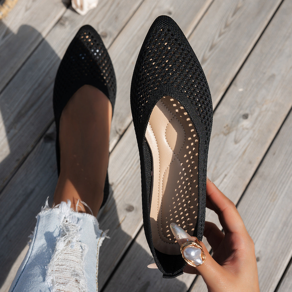 Pointed Toe Flyknit Slip-On Loafers — Breathable Flat Work Shoes, EU 36-43