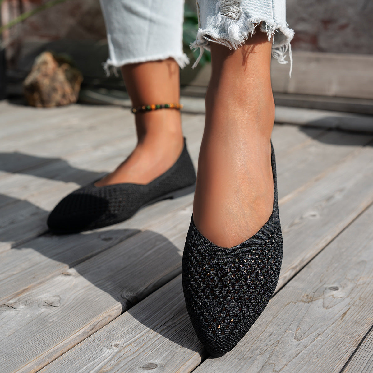 Pointed Toe Flyknit Slip-On Loafers — Breathable Flat Work Shoes, EU 36-43