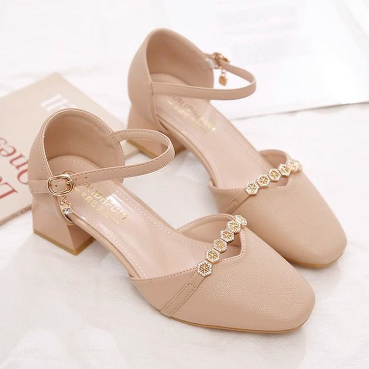 Beige Apricot Mid-Heel Slingback Pumps — Square Toe, Wedding Guest & Work, EU 34-40