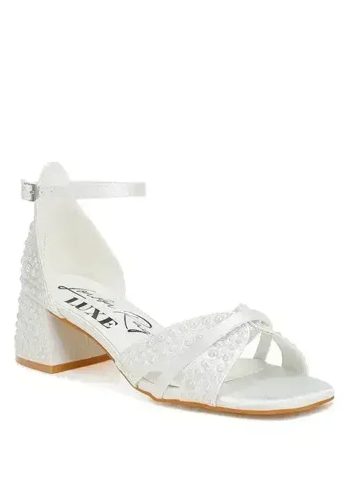White Pearl Bridal Sandals — Low Block Heel, Bride & Bridesmaid, US 5-10