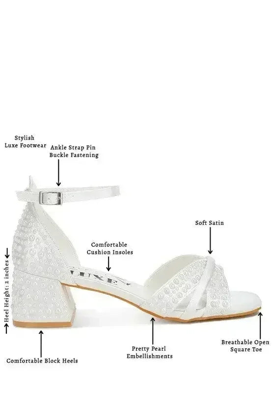 White Pearl Bridal Sandals — Low Block Heel, Bride & Bridesmaid, US 5-10