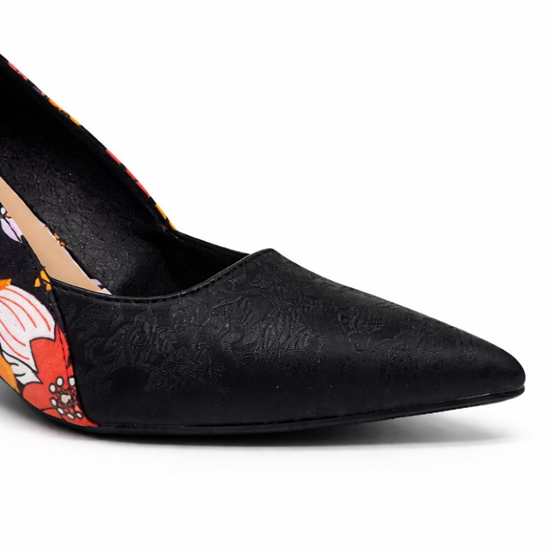 Black Floral Closed Toe Block Heel Pumps — Wedding Guest & Church, US 5-10