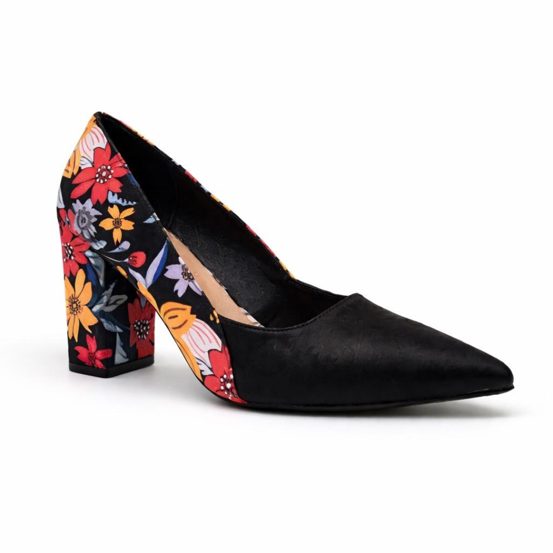 Black Floral Closed Toe Block Heel Pumps — Wedding Guest & Church, US 5-10
