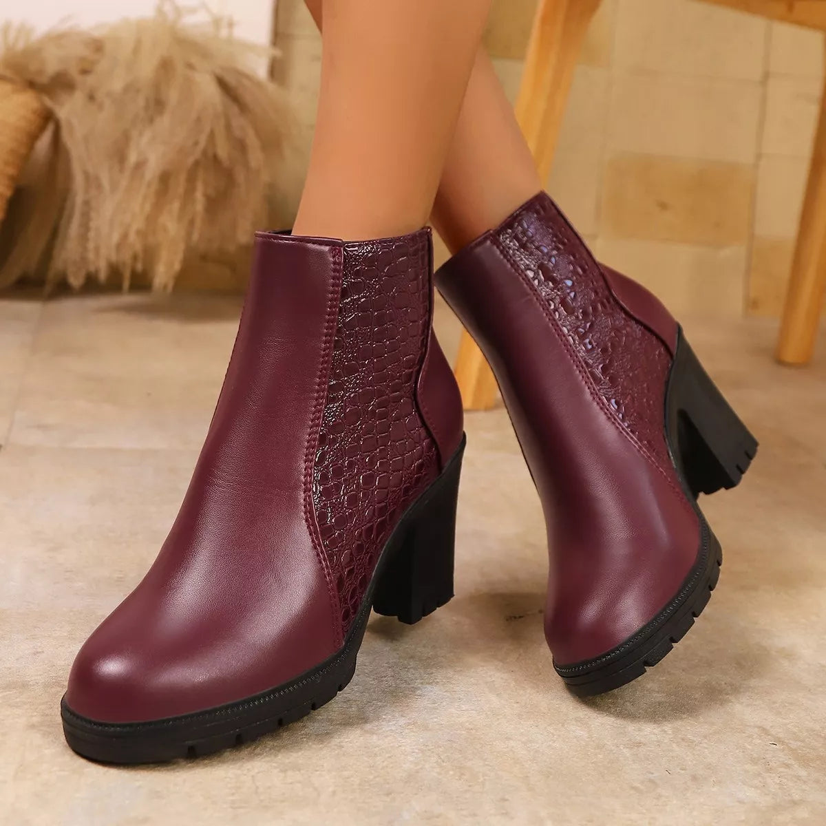 Pointed Toe Block Heel Ankle Boots — Black, White & Burgundy, EU 36-43