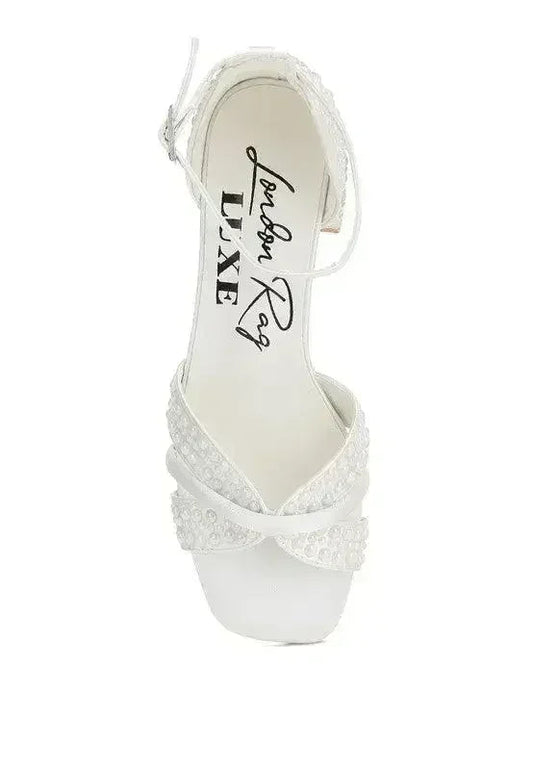White Pearl Bridal Sandals — Low Block Heel, Bride & Bridesmaid, US 5-10