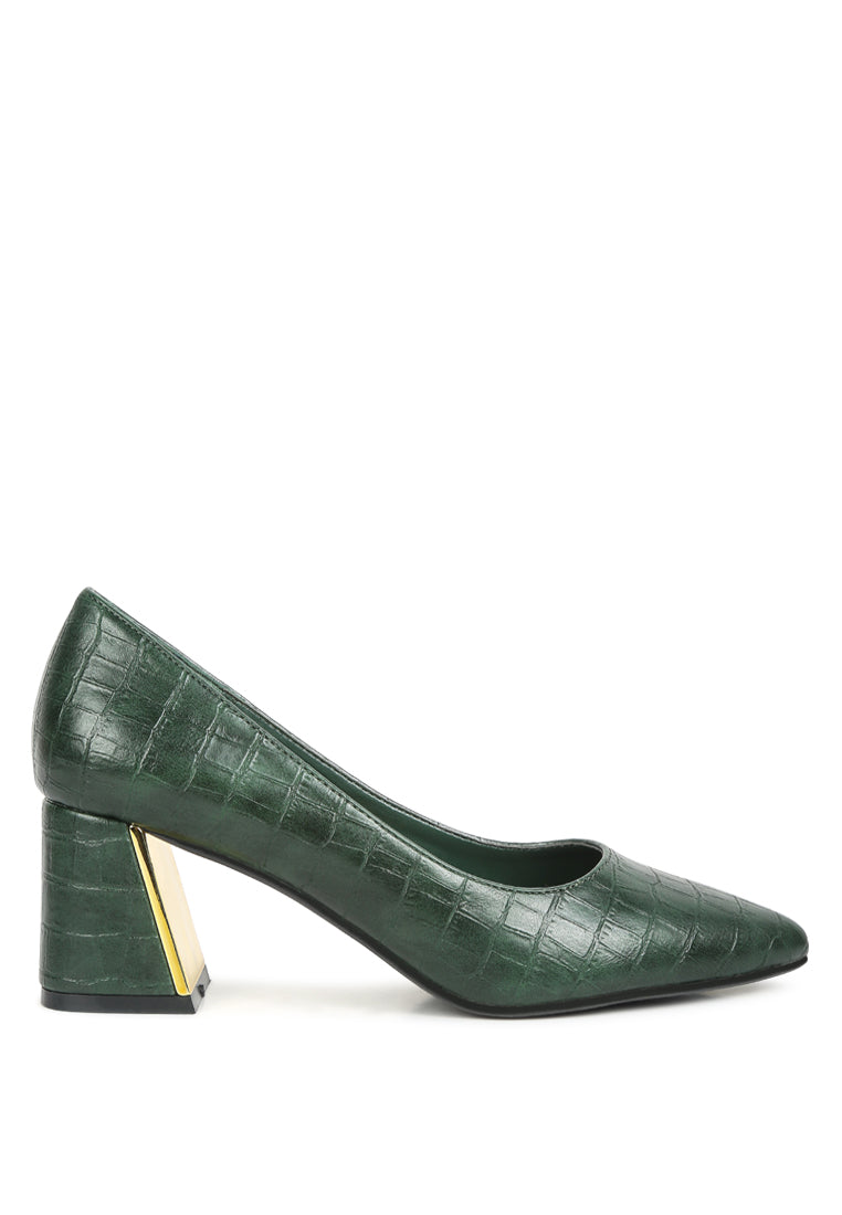 Black Green Croc Closed Toe Block Heel Pumps — Work & Wedding Guest, US 5-10