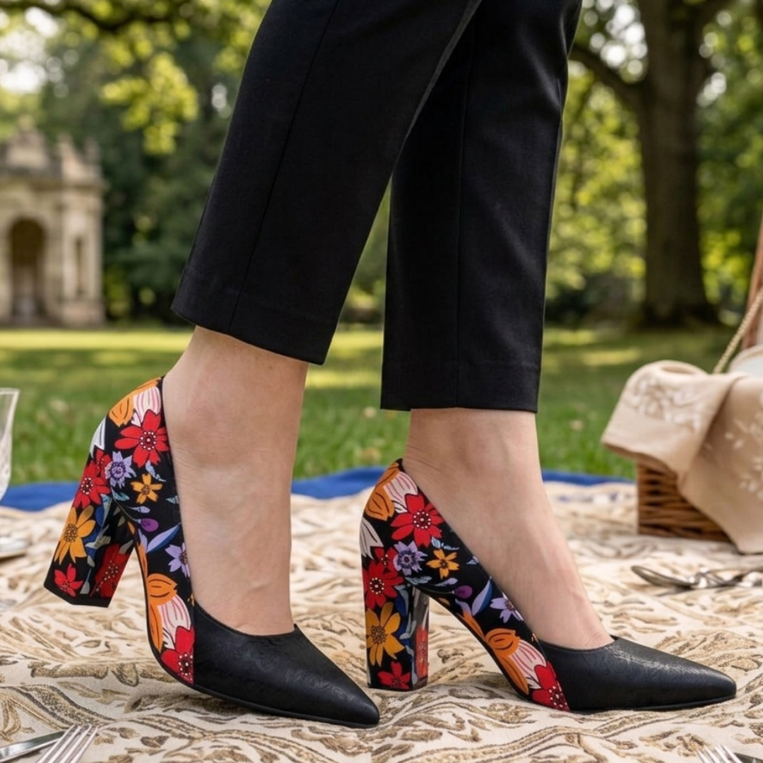 Black Floral Closed Toe Block Heel Pumps — Wedding Guest & Church, US 5-10
