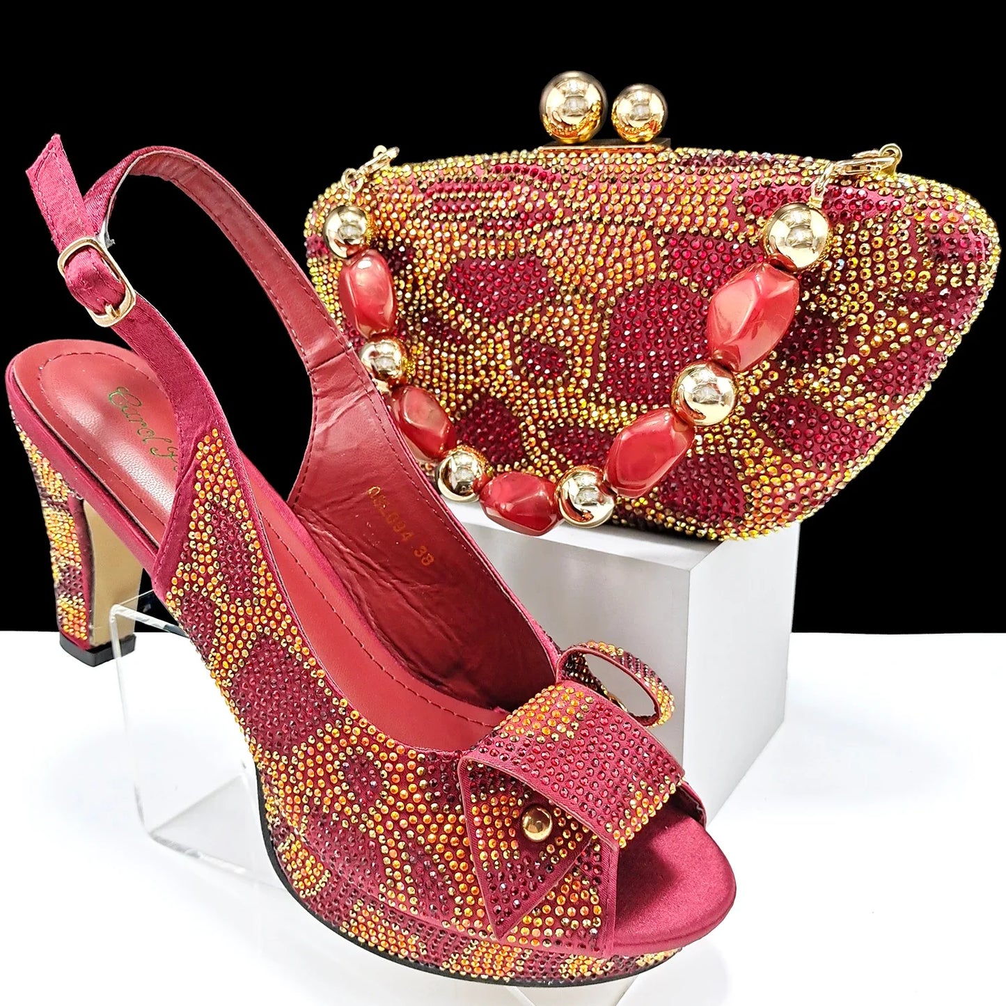 Gold Silver Black Peep-Toe Platform Heels & Clutch Bag Set — Wedding Guest, EU 38-43