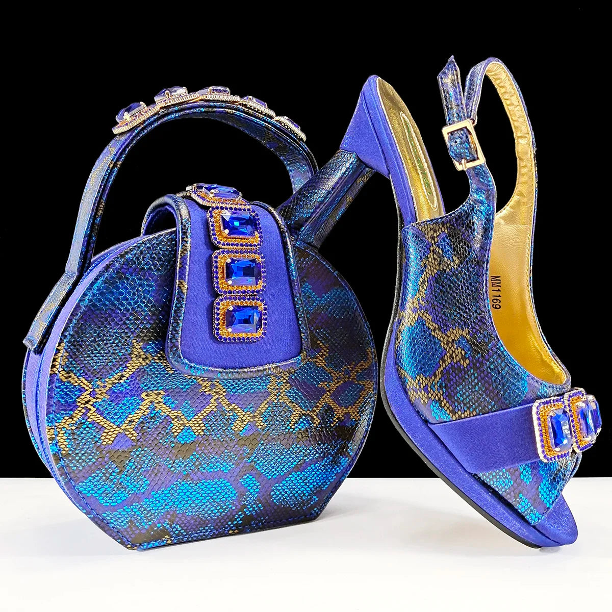 Gold Royal Blue Green Heels & Matching Clutch Bag Set — Wedding Guest, EU 38-43
