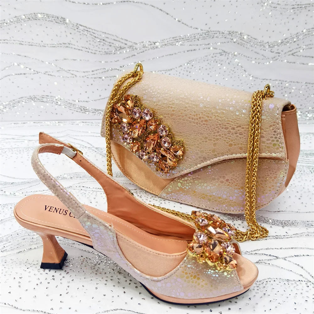 Gold Lavender Green Platform Peep-Toe Heels & Clutch Bag Set — Wedding Guest, EU 37-43