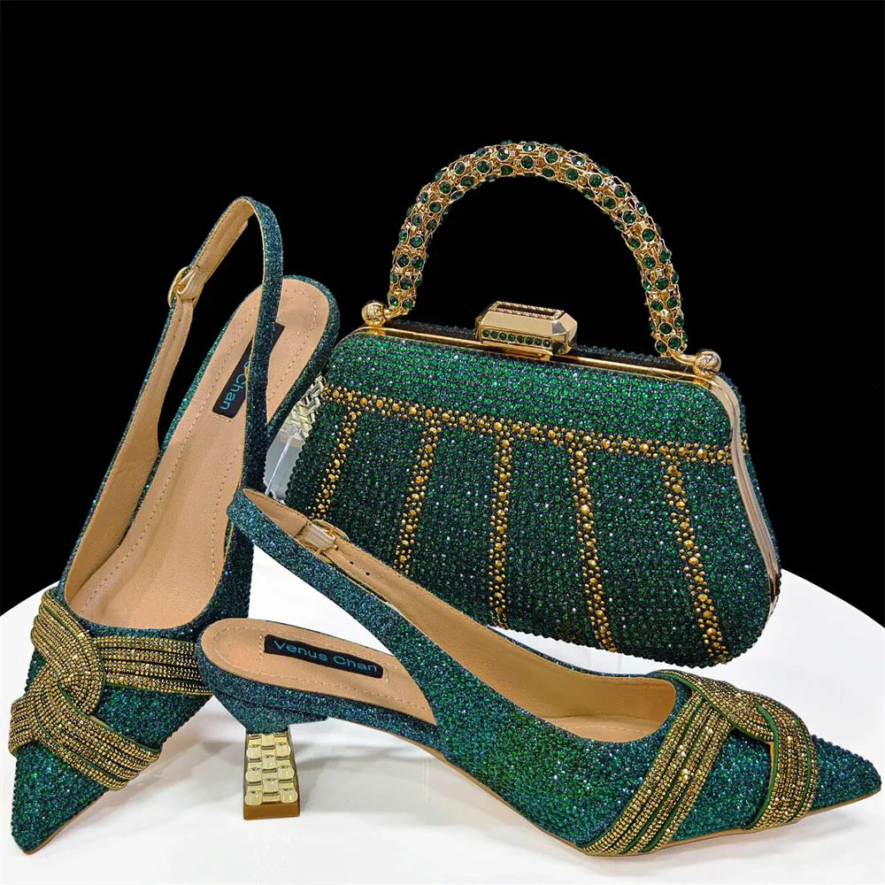 Gold Black Champagne Rhinestone Heels & Clutch Bag Set — Wedding & Prom, EU 37-42