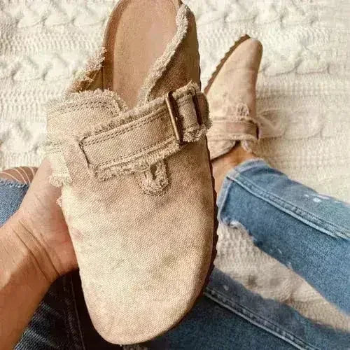 Vintage Canvas Clog Loafers — Flat Round Toe Mules