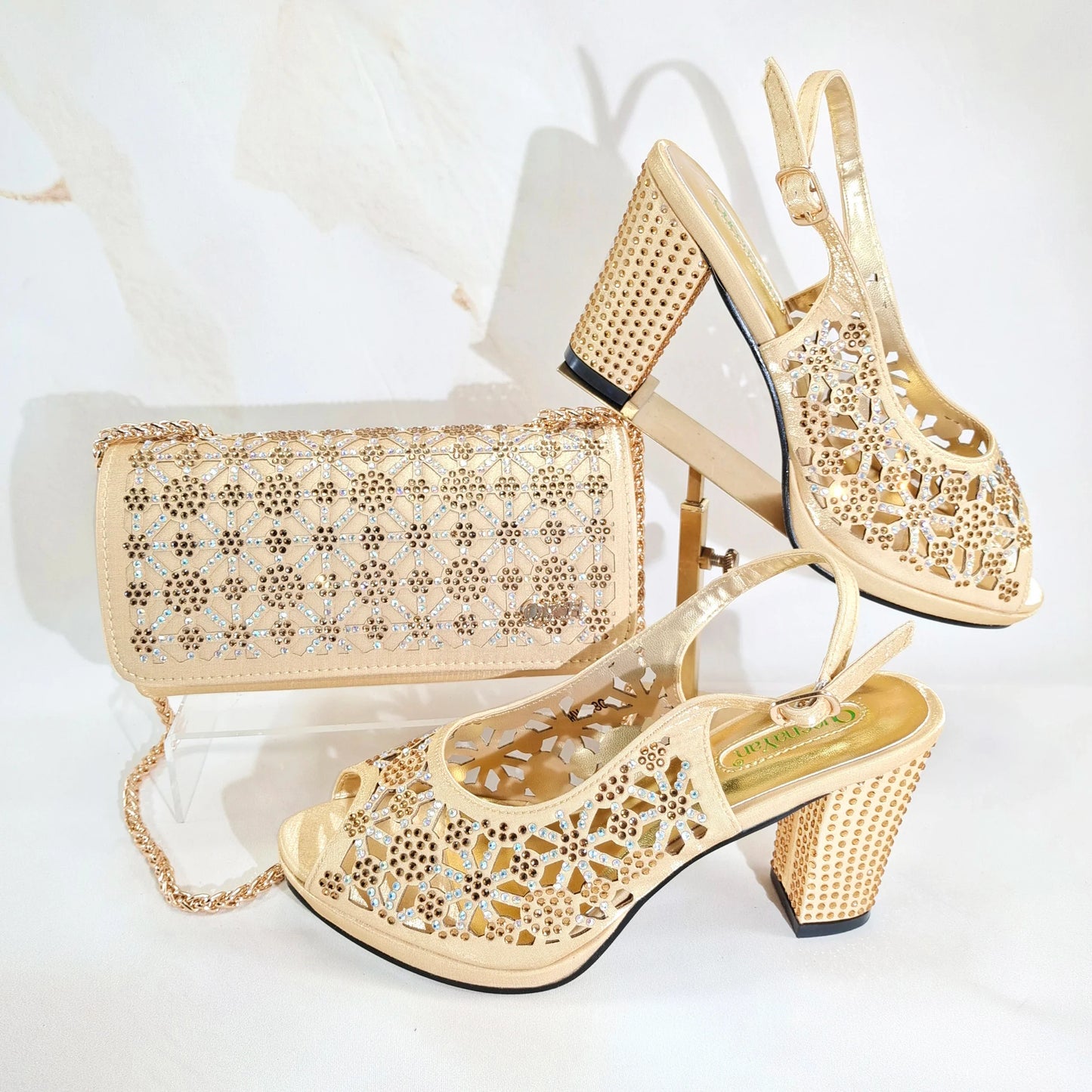 Gold Black Green Platform Heels & Matching Clutch Bag Set — Wedding Guest, EU 38-43