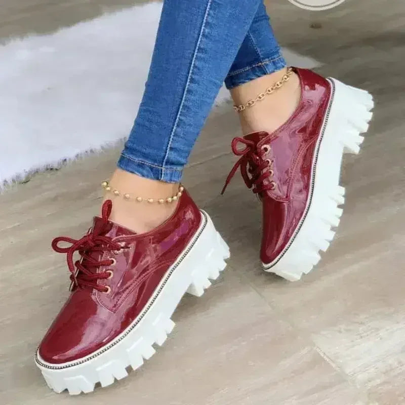 Platform Oxford Shoes — Thick Heel Lace-Up Brogues, Black Pink Wine