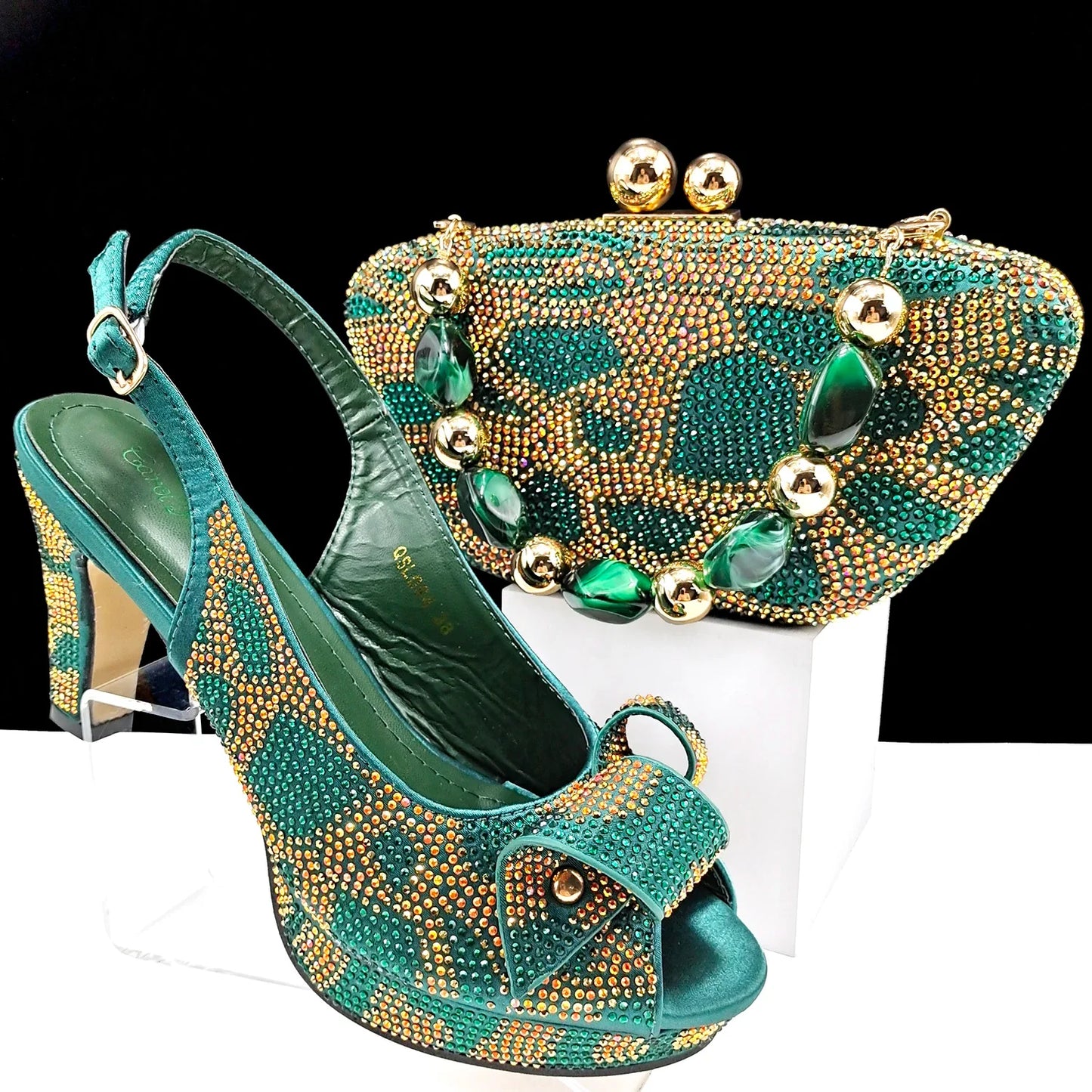 Gold Silver Black Peep-Toe Platform Heels & Clutch Bag Set — Wedding Guest, EU 38-43