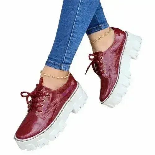 Platform Oxford Shoes — Thick Heel Lace-Up Brogues, Black Pink Wine