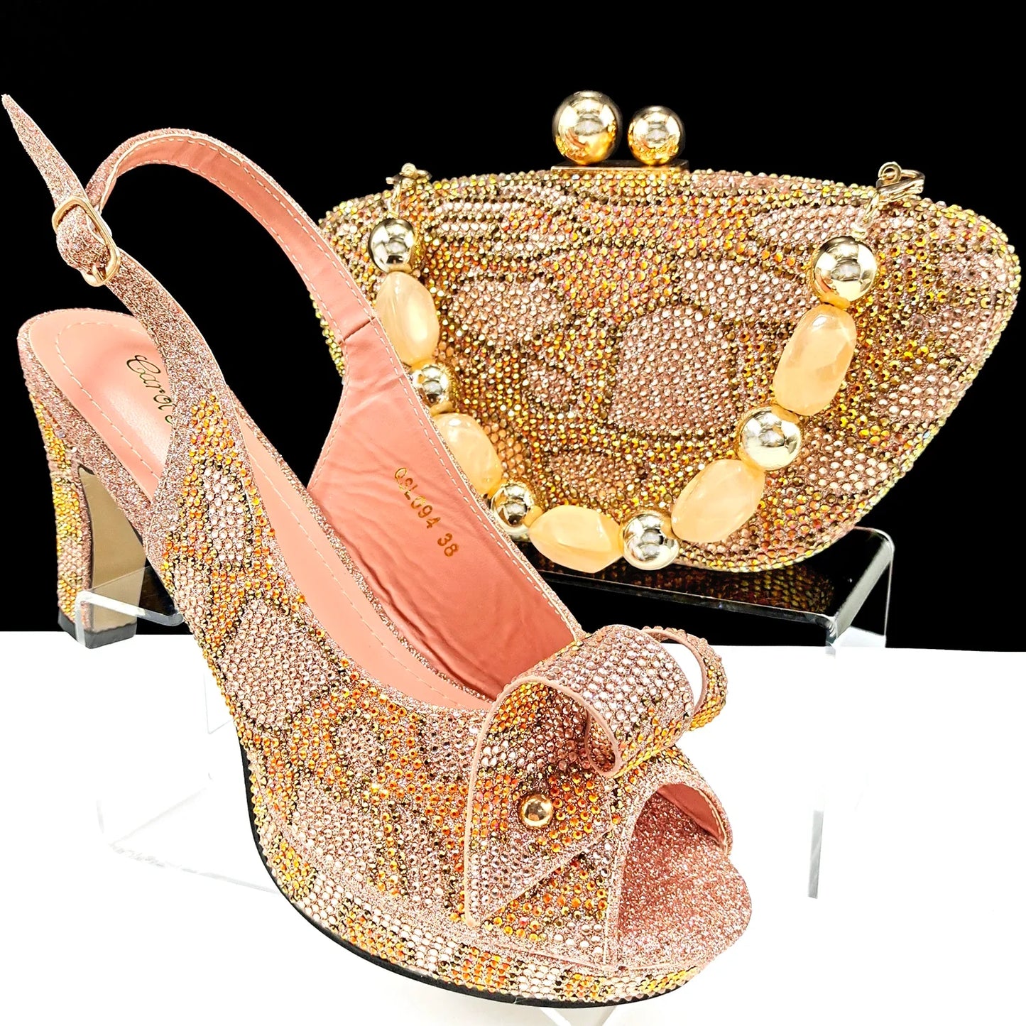 Gold Silver Black Peep-Toe Platform Heels & Clutch Bag Set — Wedding Guest, EU 38-43