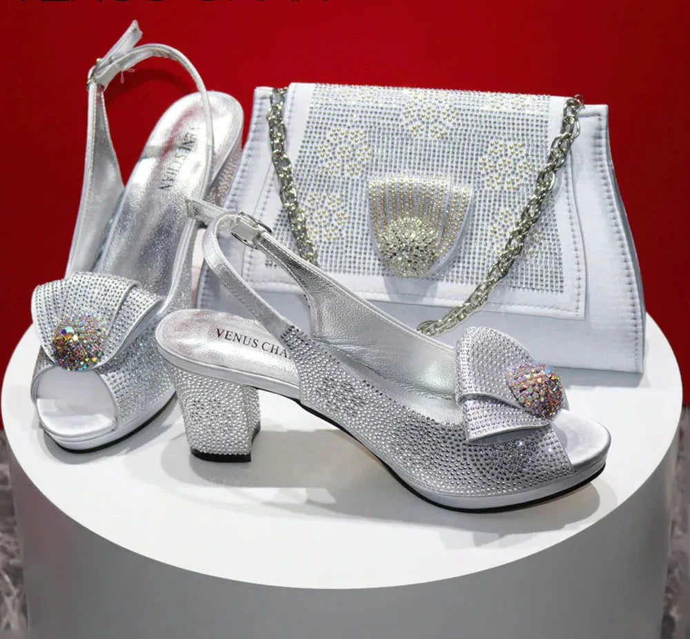 Gold Silver Peach Peep-Toe Heels & Matching Clutch Bag Set — Wedding Guest, EU 37-43