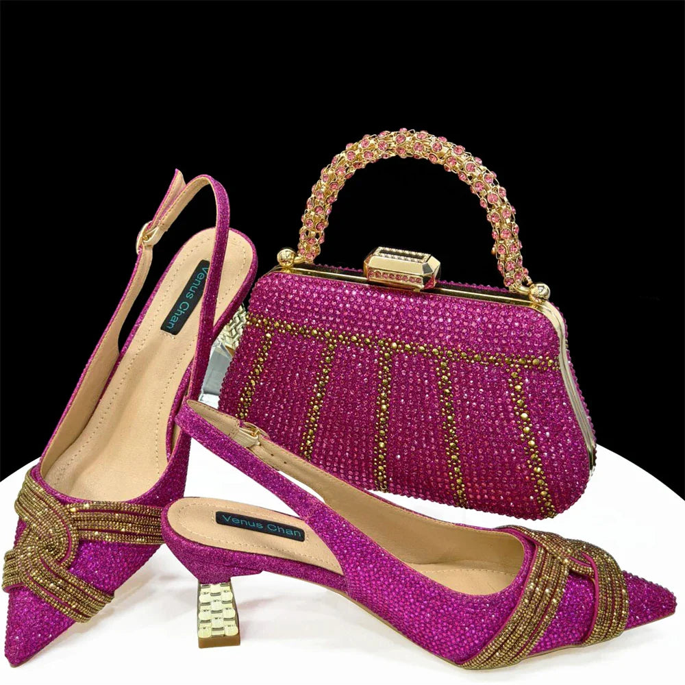Gold Black Champagne Rhinestone Heels & Clutch Bag Set — Wedding & Prom, EU 37-42