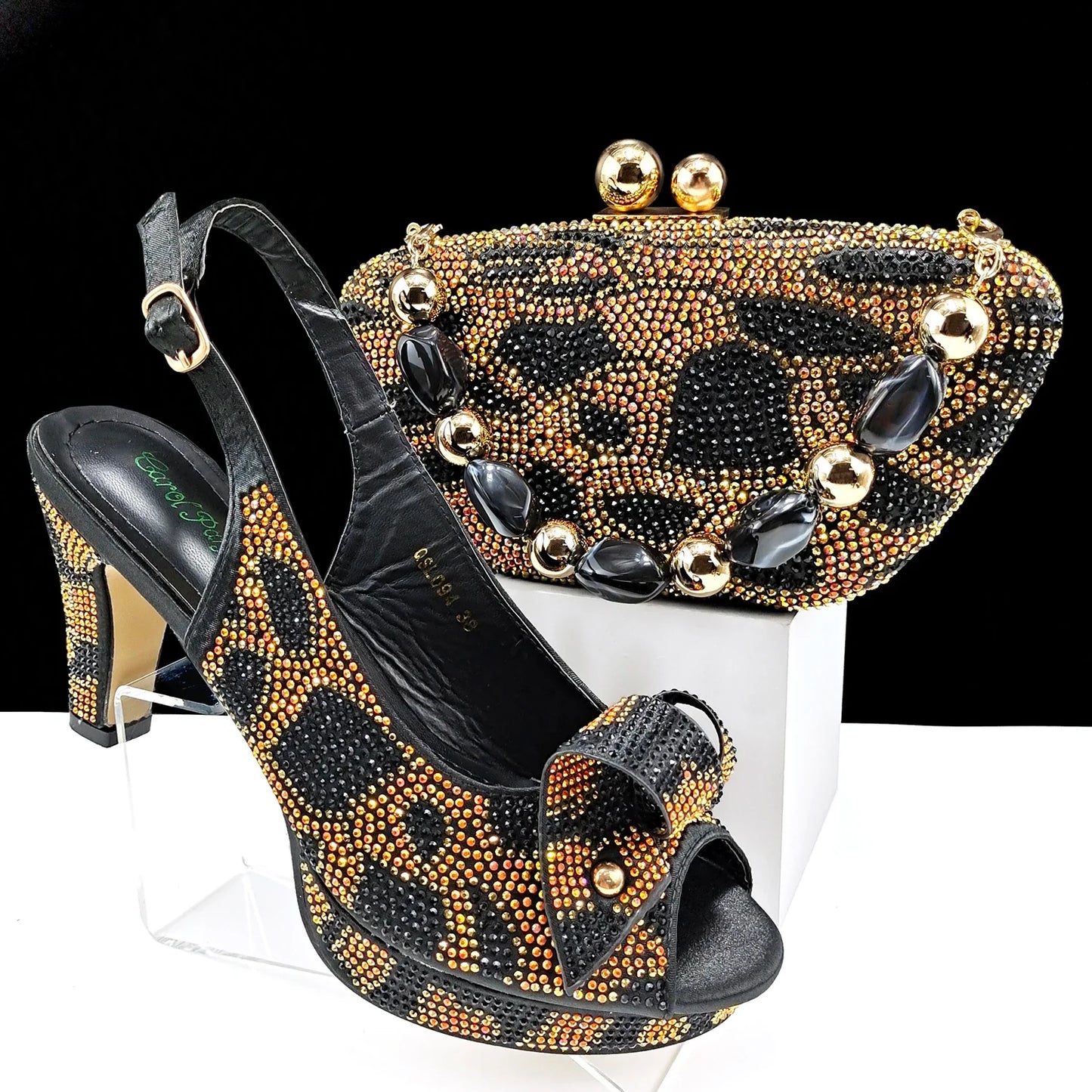 Gold Silver Black Peep-Toe Platform Heels & Clutch Bag Set — Wedding Guest, EU 38-43