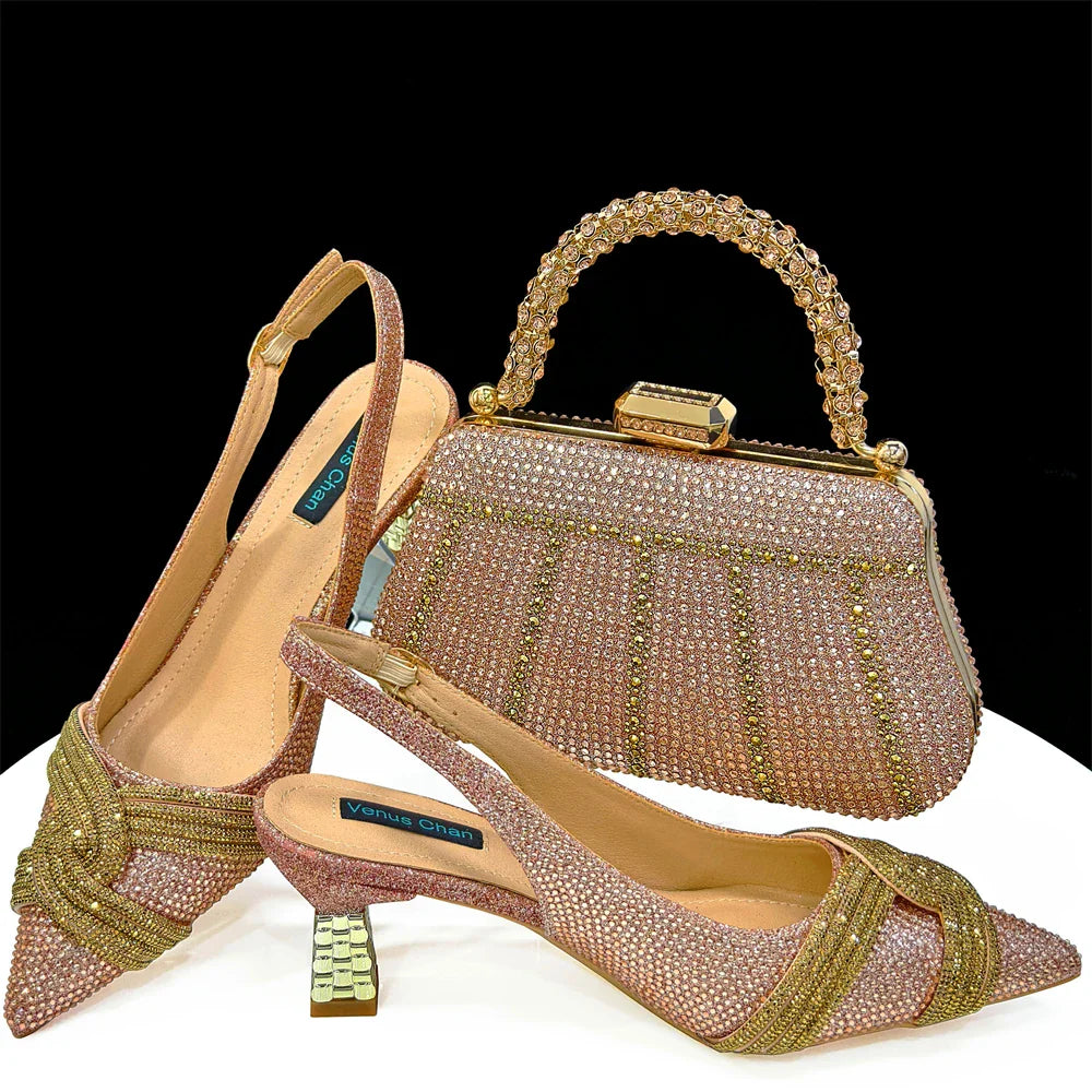 Gold Black Champagne Rhinestone Heels & Clutch Bag Set — Wedding & Prom, EU 37-42