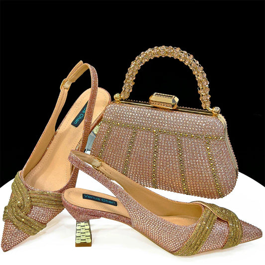 Gold Black Champagne Rhinestone Heels & Clutch Bag Set — Wedding & Prom, EU 37-42