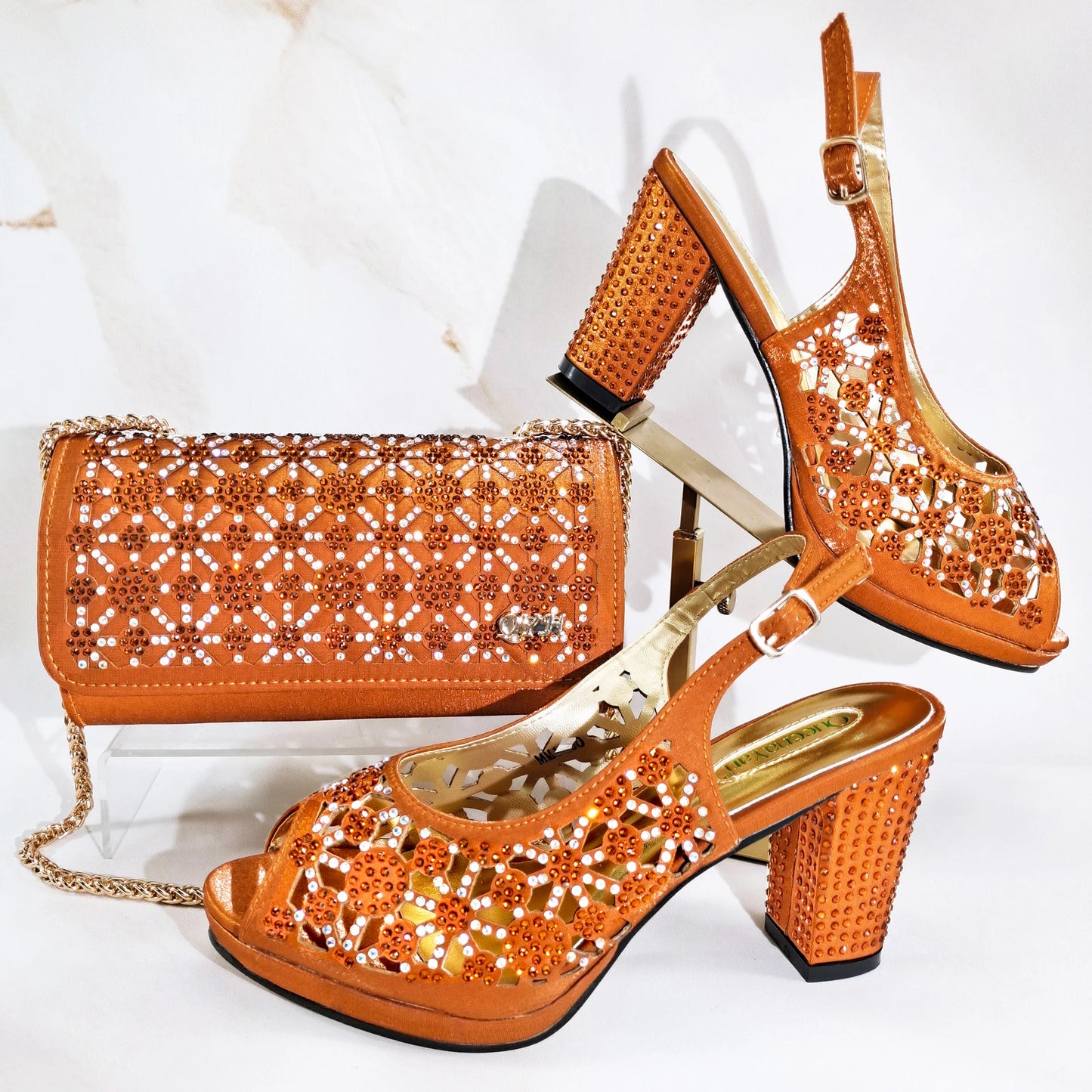 Gold Black Green Platform Heels & Matching Clutch Bag Set — Wedding Guest, EU 38-43