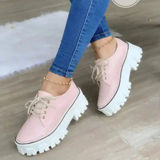 Platform Oxford Shoes — Thick Heel Lace-Up Brogues, Black Pink Wine