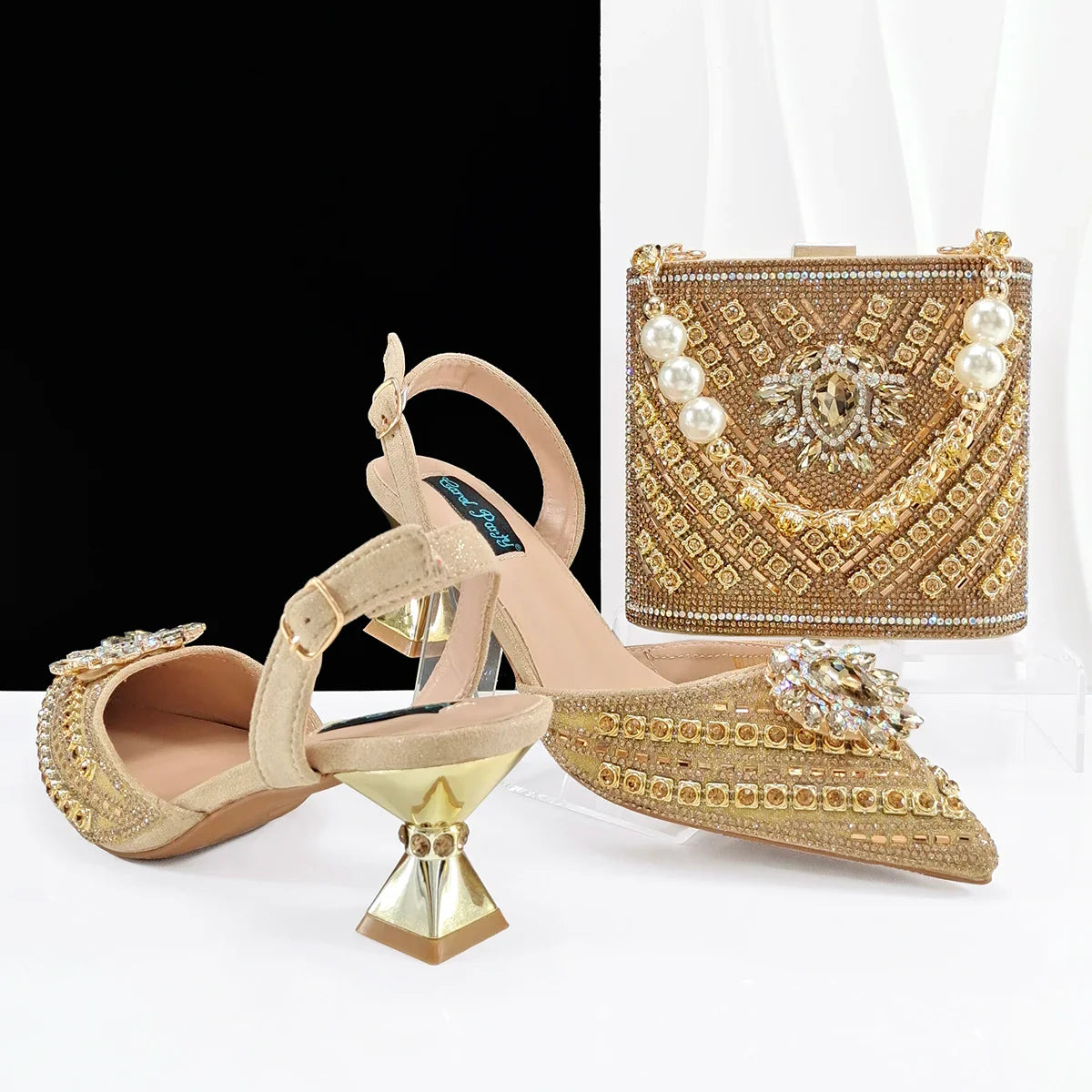 Gold White Red Peep-Toe Platform Heels & Clutch Bag Set — Wedding Guest, EU 38-43