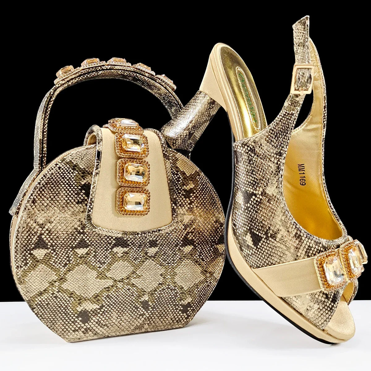 Gold Royal Blue Green Heels & Matching Clutch Bag Set — Wedding Guest, EU 38-43