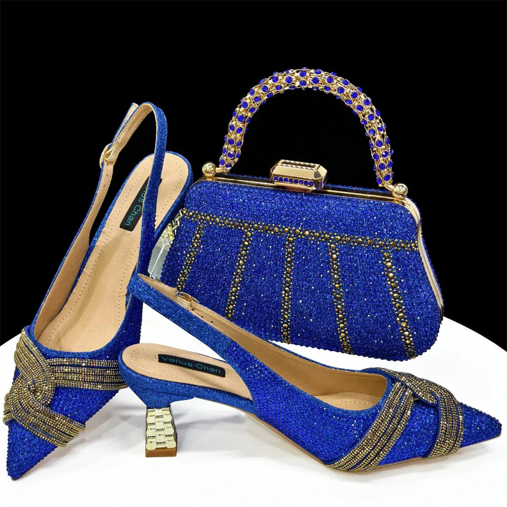 Gold Black Champagne Rhinestone Heels & Clutch Bag Set — Wedding & Prom, EU 37-42