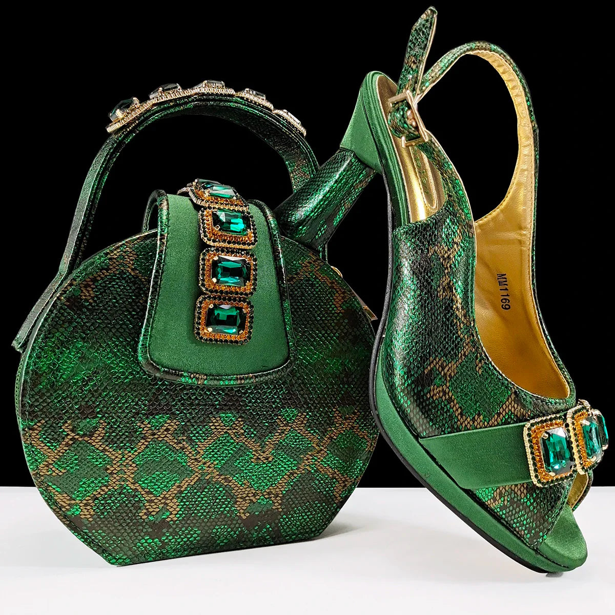 Gold Royal Blue Green Heels & Matching Clutch Bag Set — Wedding Guest, EU 38-43