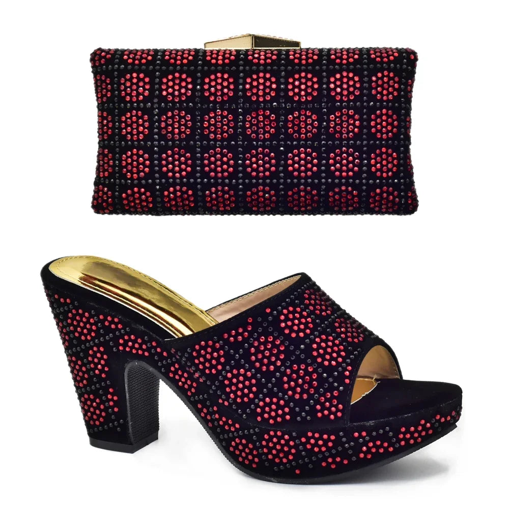 Gold Silver Red Rhinestone Heels & Matching Clutch Bag Set — Wedding & Prom, EU 37-42