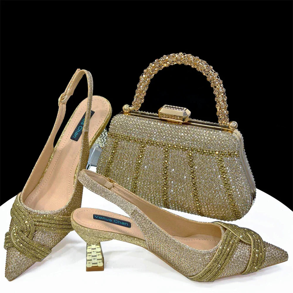 Gold Black Champagne Rhinestone Heels & Clutch Bag Set — Wedding & Prom, EU 37-42