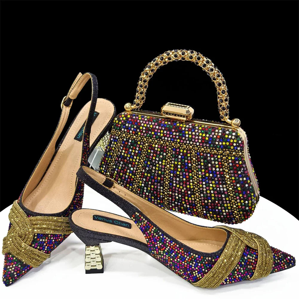 Gold Black Champagne Rhinestone Heels & Clutch Bag Set — Wedding & Prom, EU 37-42