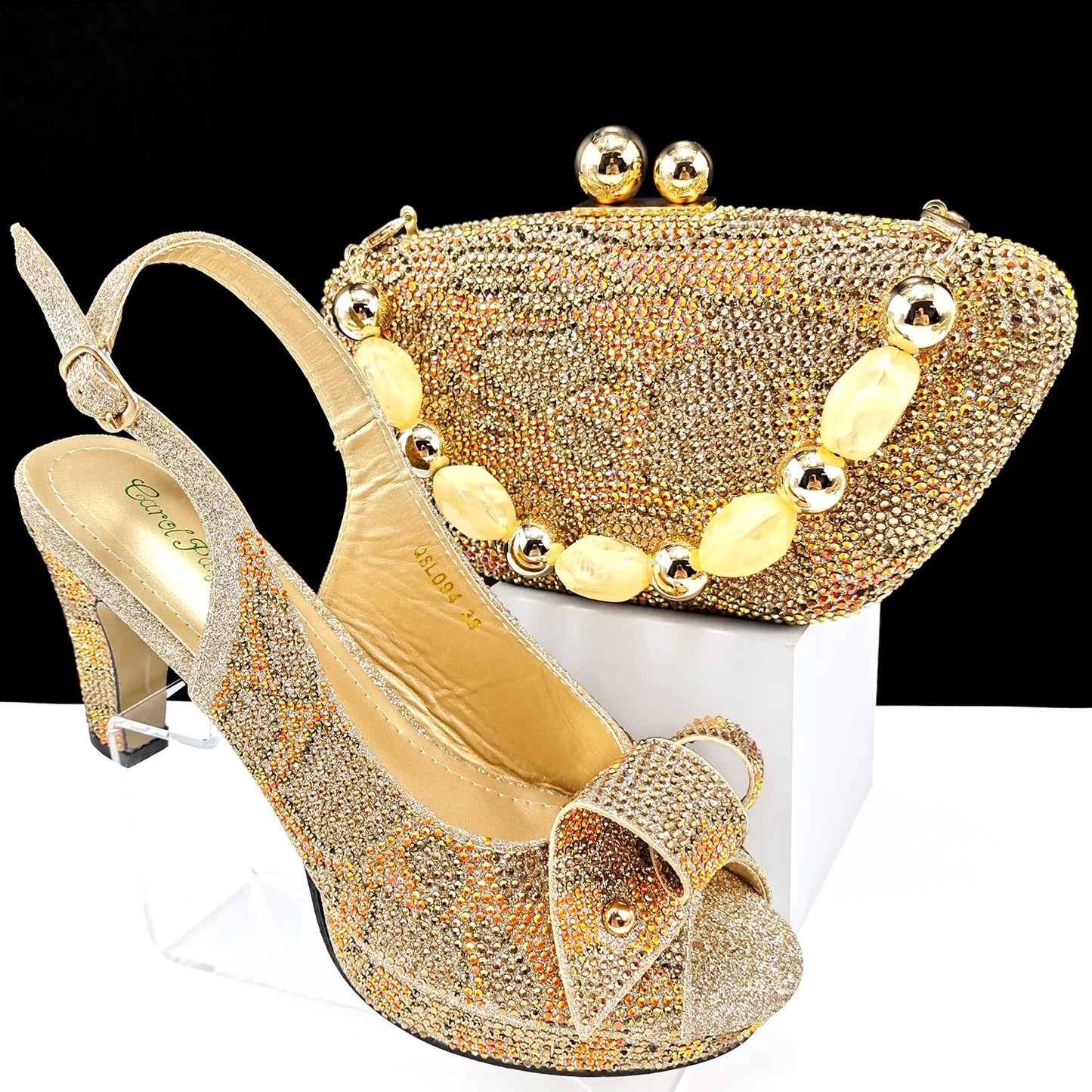 Gold Silver Black Peep-Toe Platform Heels & Clutch Bag Set — Wedding Guest, EU 38-43