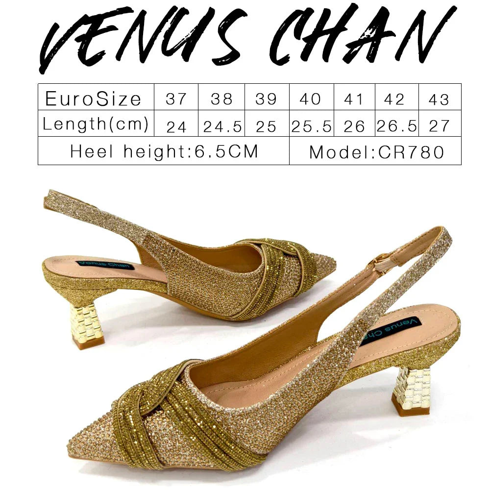 Gold Black Champagne Rhinestone Heels & Clutch Bag Set — Wedding & Prom, EU 37-42