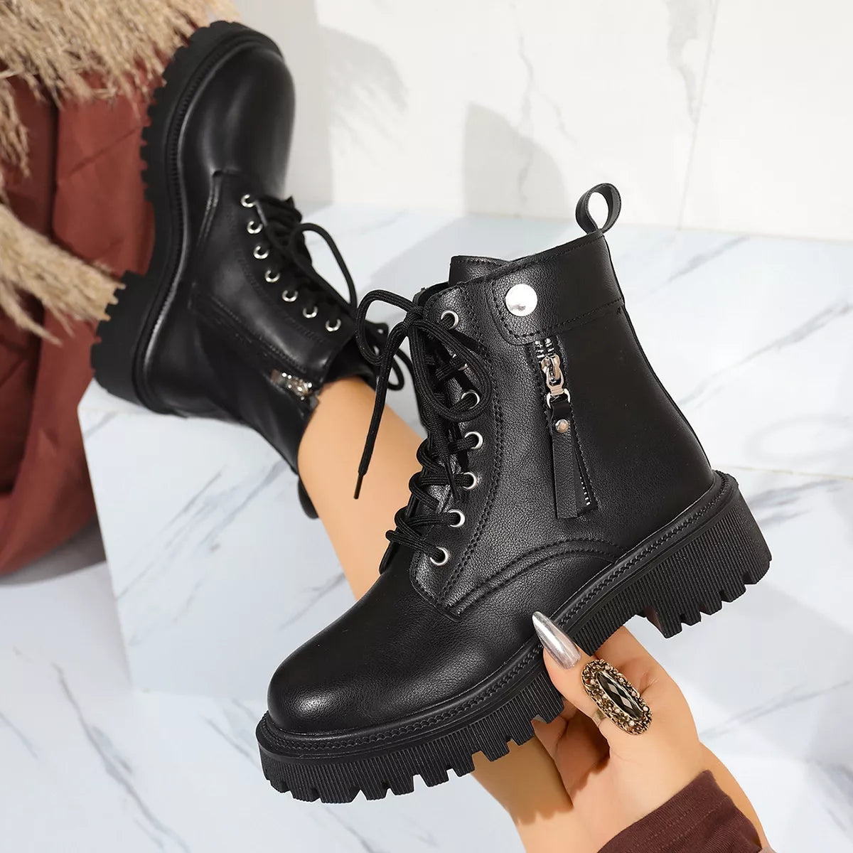 Black Round Toe Block Heel Ankle Boots — Comfortable Mid Heel, EU 35-42