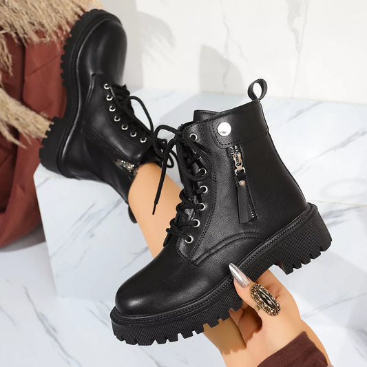 Black Round Toe Block Heel Ankle Boots — Comfortable Mid Heel, EU 35-42